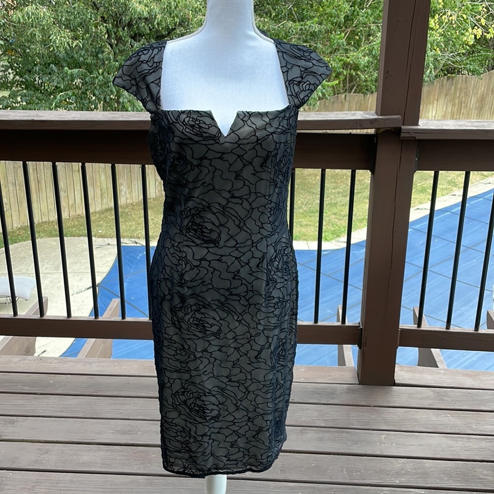 David Meister Black Dress w/ Floral Mesh